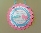 Door Sign: Gender Reveal Party - Little Man or Little Miss Party Decorations die cut bow mustache blue pink