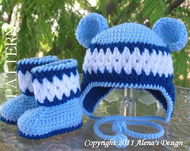 PDF Instant Download - Crochet PATTERN Set - Blue Bear Hat, and Baby Booties - Baby Boy - Ear Flap - Bear Ears - Winter Hat - Boys - Girls