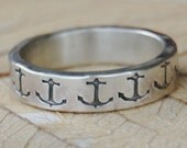 Anchor - Sterling Silver Ring Band  - 5mm - Hand Forged and Hand Stamped - Custom Size
