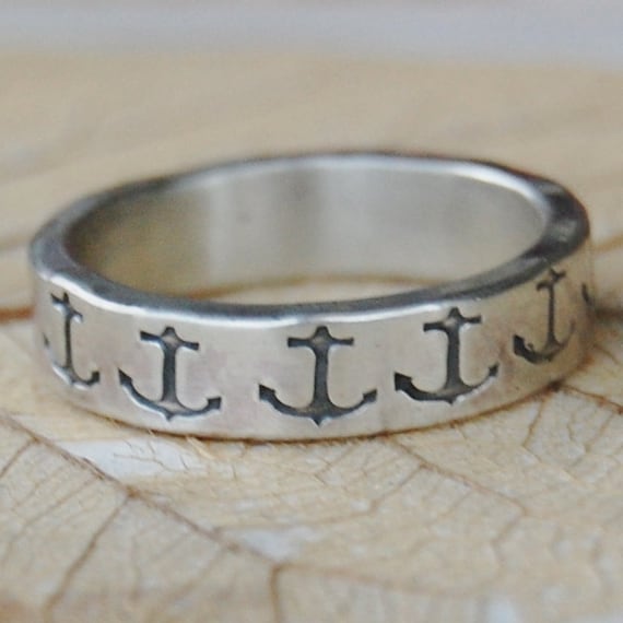 Anchor - Sterling Silver Ring Band  - 5mm - Hand Forged and Hand Stamped - Custom Size