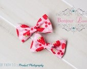 Fabric Bow Hair Clip - Baby Bows - Pony Tail Clips - Spring Bow - Strawberry - Red - Green - Pink - Set of TWO