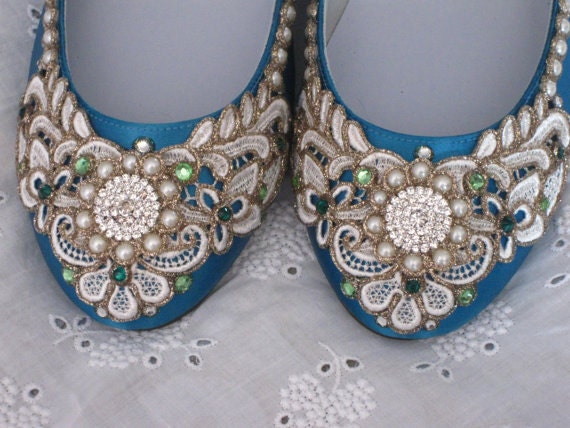 Wreath of Gold Bridal Ballet Flats Teal Wedding Shoes - Any Size - Pick your own shoe color and crystal color