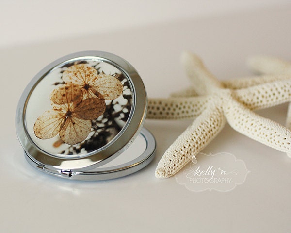 Photo Mirror Compact- "Lacy Nature", Hydrangea Photograph, 3" Double Sided Mirror- Engravable Gift Item
