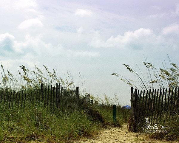 Cloudy Sky Dune- Myrtle Beach Dune Photograph- Sea Grass Dune Fence Photo- Beach Photography- Coastal Art- Green Blue- 8x10 Print