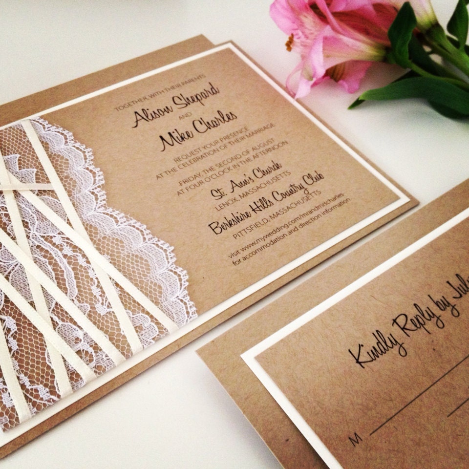 Wedding Invitations - RUSTIC BURLAP and LACE - Kraft, Ivory, Lace and Ribbon Wedding Invitations