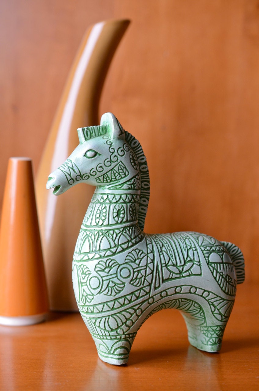 Midcentury Mod Horse Ceramic Sculpture in Seafoam Green like Swedish Wooden Dala Horse, Sweden, Scandinavian Folk Design,