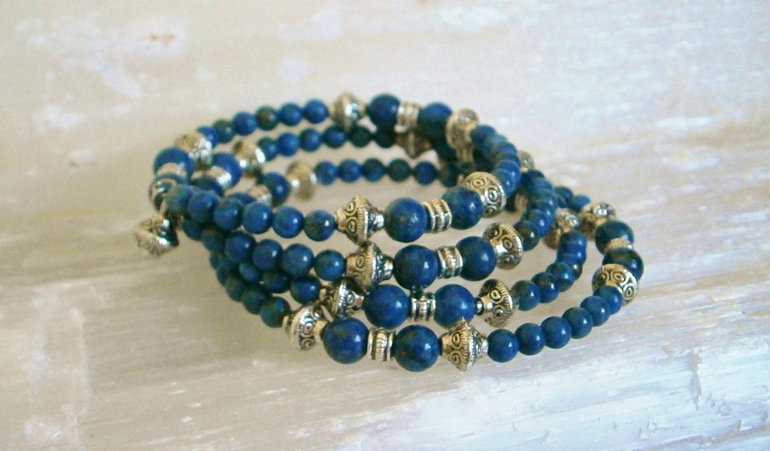 Lapis Gemstone Bracelet - Layered Lapis Bracelet - One size fits all Memory Wire Bracelet - Lapis Jewelry