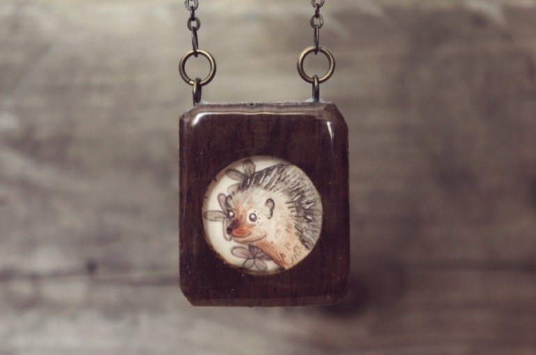 Rustic Hedgehog Necklace- Hand painted reclaimed wood hedgehog pendant