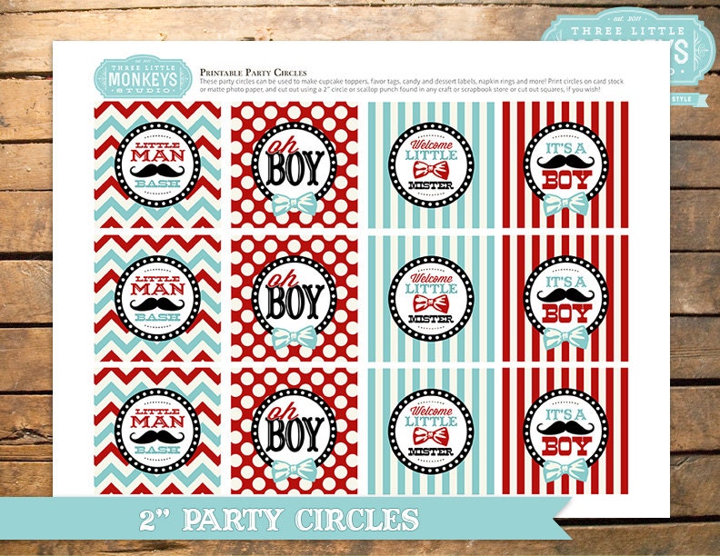 INSTANT DOWNLOAD Little Man Baby SHower 2" Party Circles PLUS Favor Tags Il_570xn