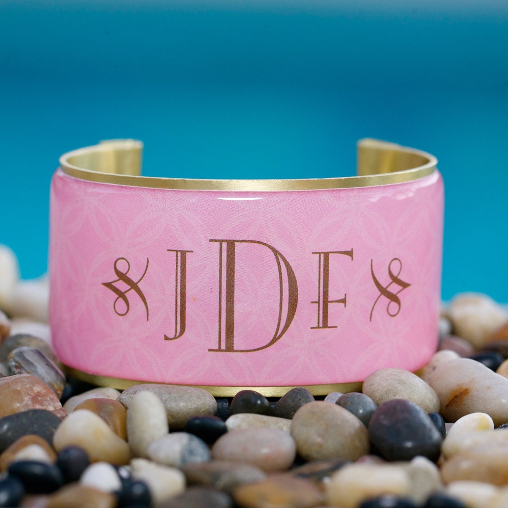 Rustic Cuff Monogram Cuff Bracelet - pink and cream with cut-out font - M2-03