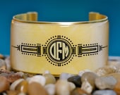 Rustic Cuff Monogram Cuff Bracelet - art deco gold and black design with round monogram - M2-16