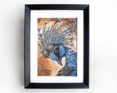 Steampunk Bird Print, Crowned Pigeon Art, Blue Bird Picture, Steampunk Goggles, 5x7 Wall Art, Animal Illustration