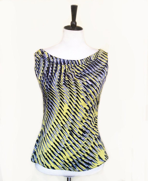 Handmade Gorgeous Black Grey & Yellow Tribal Print Sleeveless Blouse Top UK sz 10/US sz 6