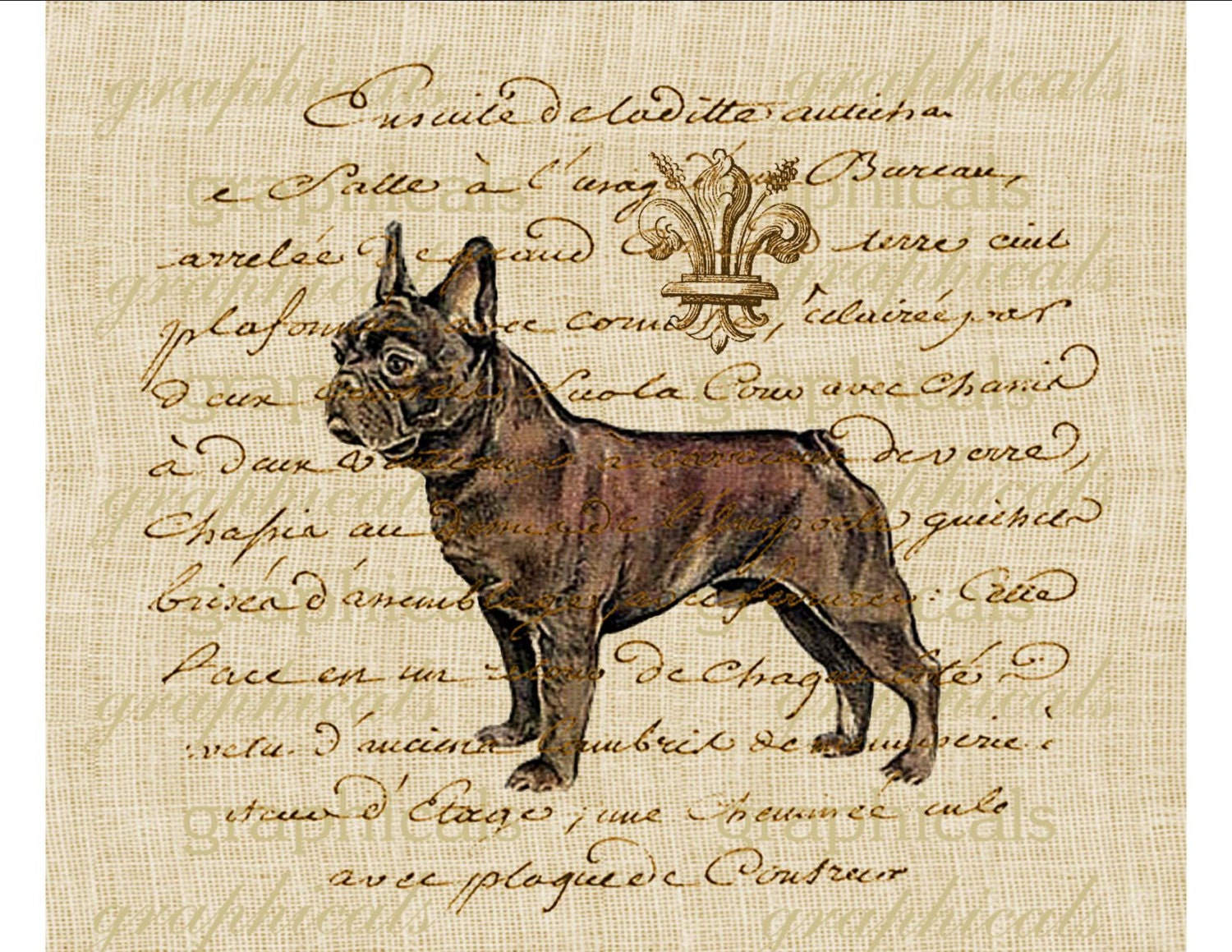Vintage French bulldog fleur de lis ephemera Digital download image for transfer to fabric decoupage paper burlap tote bags pillows No. 494