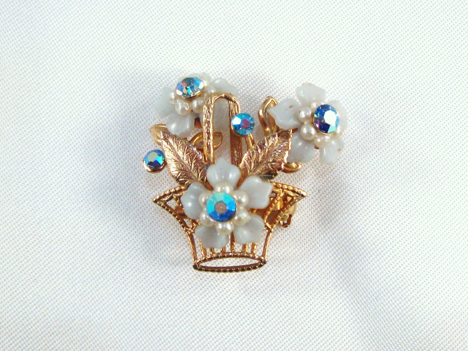 Vintage Pin Flower Basket White Lucite Blue AB Rhinestones