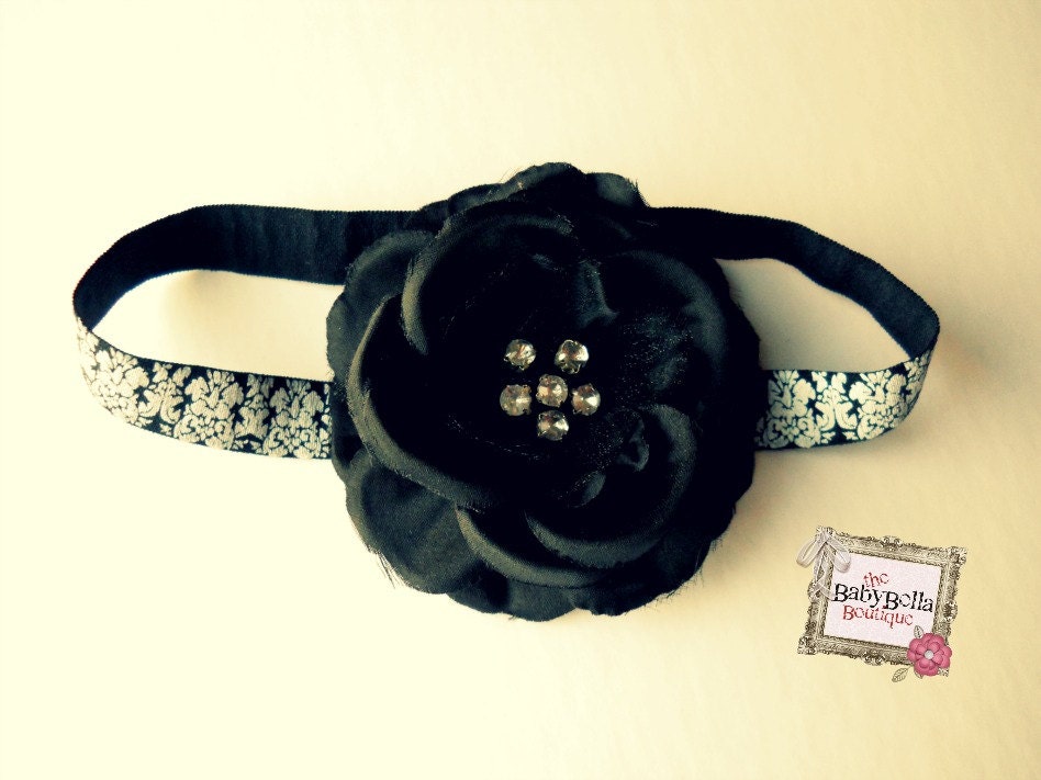 Baby Girl Heaband black rhinestone flower headband on damask elastic headband