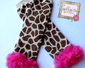 All Legwarmers ON SALE- Giraffe print with  hot pink  ruffle ,Girls Leg Warmers ) Perfect for crawling baby