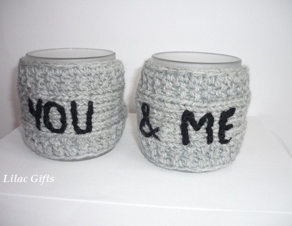 Mug Cozy, Set of 2,  You & Me, Personalized Mug Cozy,  grey color, Valentines day, Wedding Gift