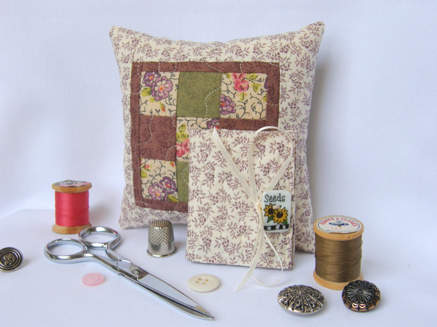 Quilted Pin Cushion and Quilted Needle Case Sewing Gift Set, Garden Path