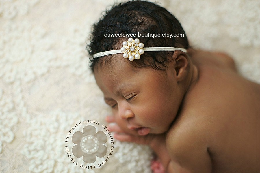 Sweet And Simple Newborn Headband In Golden Pearl Stunning Vintage Style Newborn Photo Prop - ASweetSweetBoutique