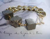 Pyrite Bracelet, Raw, Natural Nuggets with Vintage Brass Chain, Natural, Organic, Modern, Limited Edition