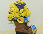 Spring Boot Floral Arrangement , Spring Centerpiece , Home Decor , Spring Decor , Floral Arrangement , Butterfly and Bird Spring Arrangement