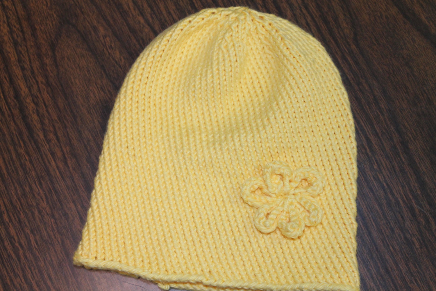 Hand Knitted Lemon Yellow Hat with Flower- 0-6 months Ready to Ship