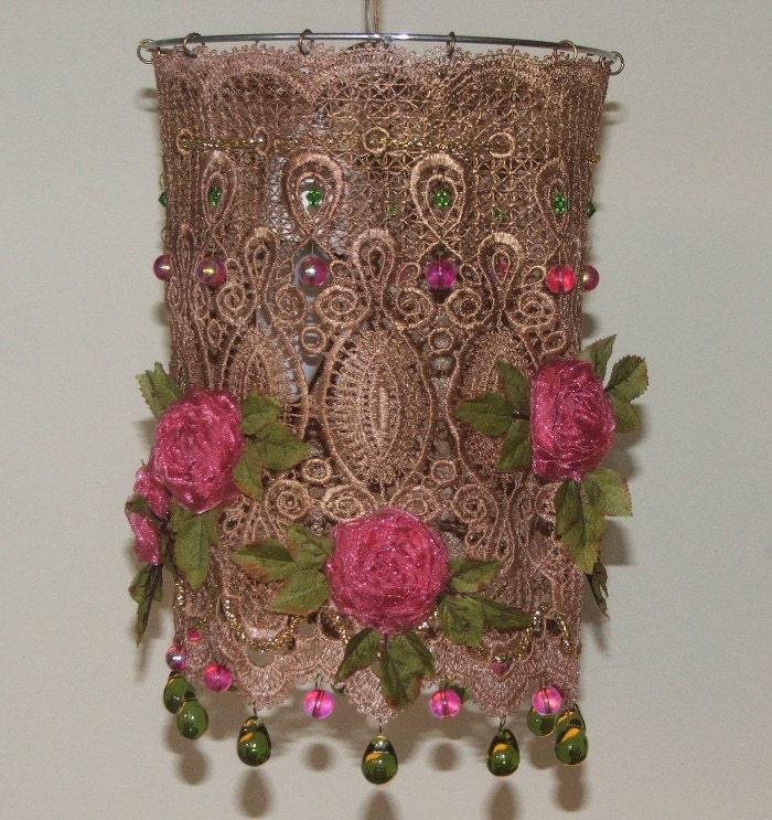 Handmade  Organza Flowers in a Ceiling Lampshade  -Lovely  Floral Hanging LampShade