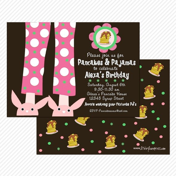 PANCAKES & PAJAMAS, brown/pink/green- birthday invitation, printable by Libby Lane Press- As Seen on Pizzazzerie Il_570xn