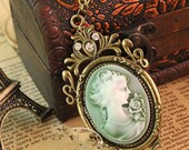 Retro Style Elegant Bronze BIG Cameo silhouette victorian Lady Portrait Rose Vintage Crystal Pendant LOng Statement Necklace