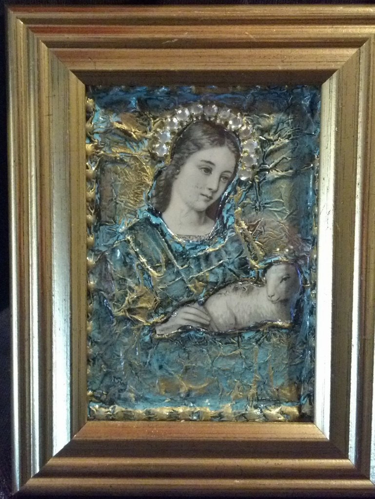Embossed Mixed Media Mary with Lamb, framed