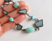 One of a kind stained glass necklace copper wire turquoise beaded jewelry