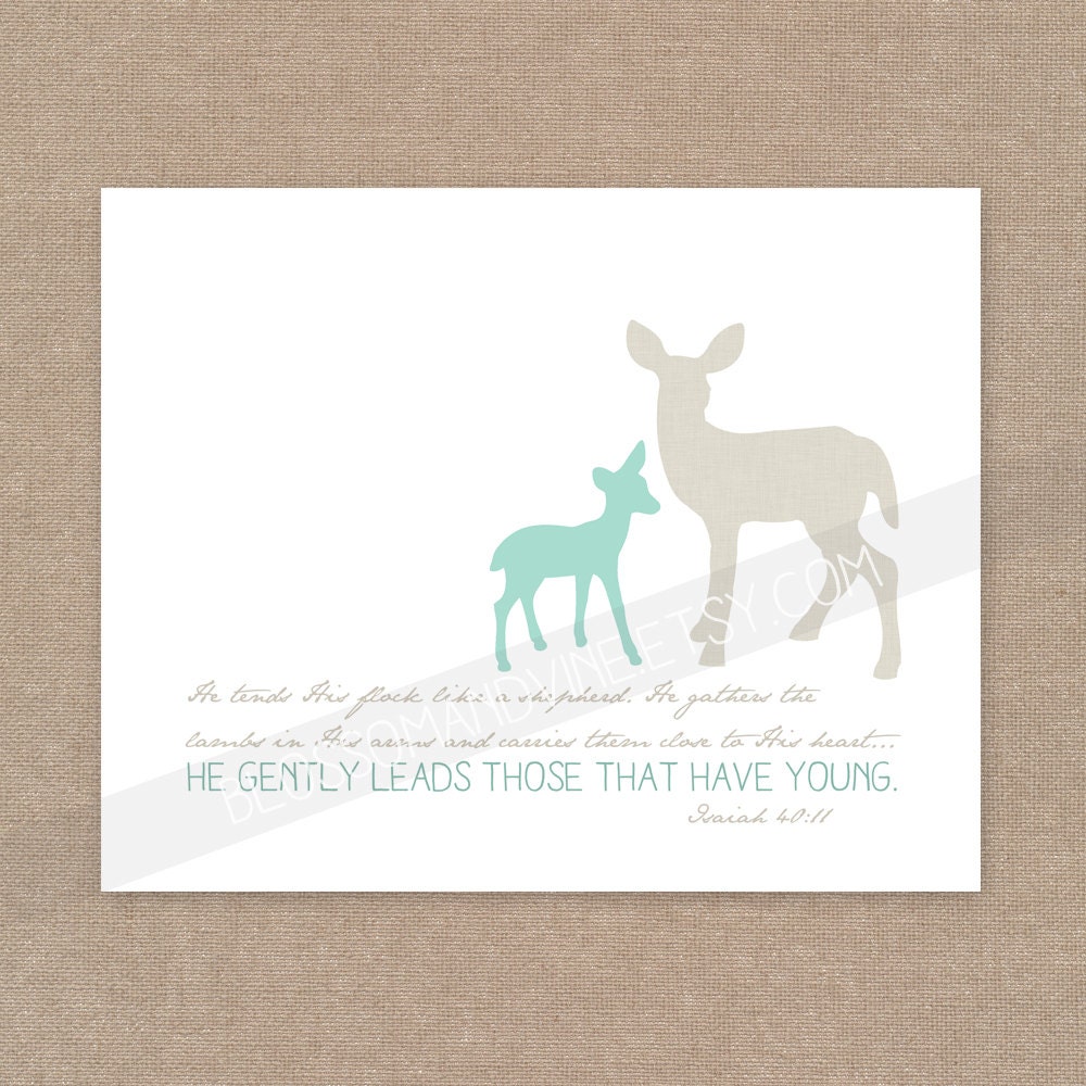 Scripture Print for the wall - Isaiah 40:11 "Gently Leads" mother and baby animals 8x10 bible verse wall art decor