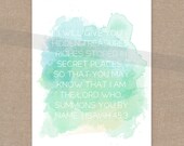 Scripture Print for the wall - Hidden Treasures watercolor aqua and green 8x10 bible verse wall art decor