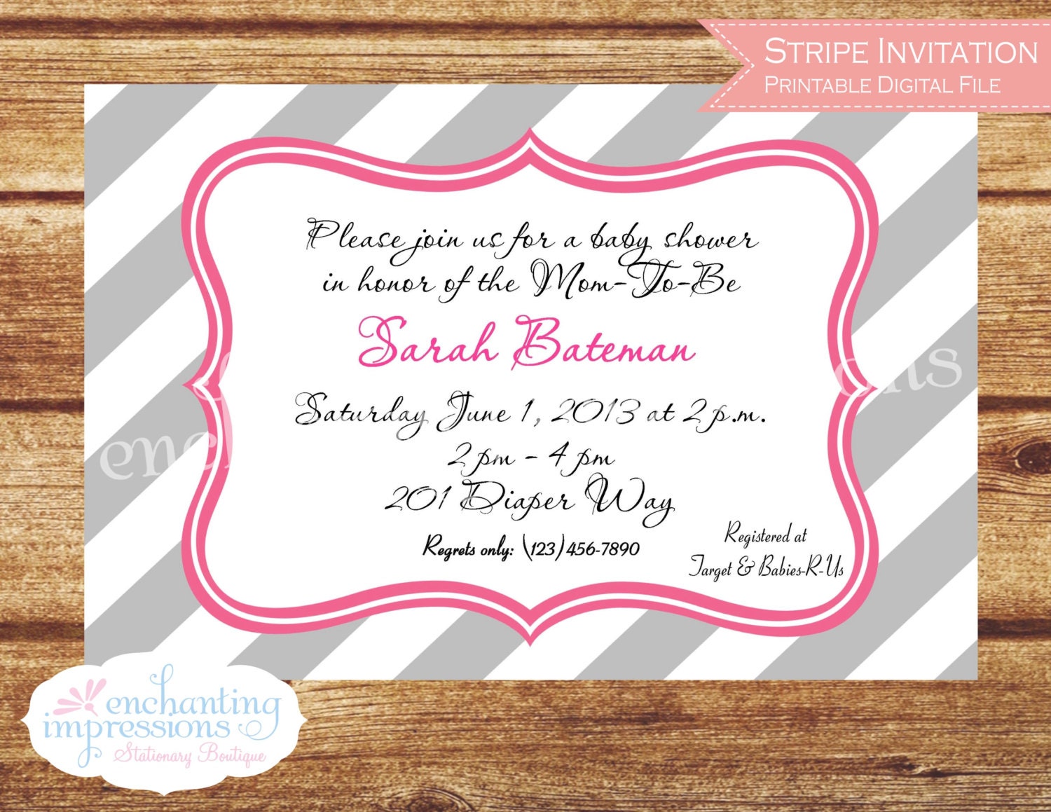 Stripe Grey and Pink Shower/Birthday Invitation - Printable - Digital File Only