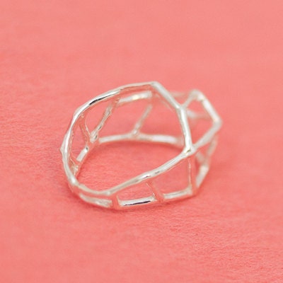 Geometric silver ring - Japanese linear design ring - Wabi sabi Jungle Gym design