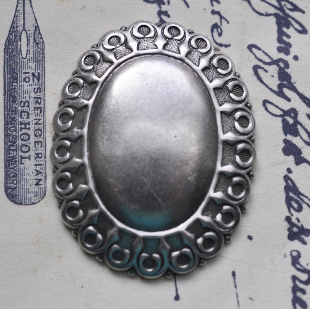 Ornate 18 X 24 Oval bezel, dapped, silver plated brass, Calliopes Attic