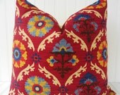 Red Suzani Pillow - 18 x 18 Throw Pillow. Decorative Pillow Cover. Waverly Medallion Gem