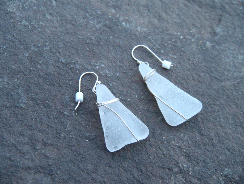 Jewelry handmade white Sea Glass Earrings mother's day gifts sterling silver wire wrapping summer