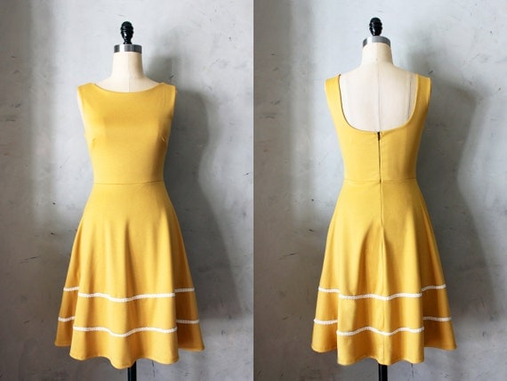 COQUETTE MUSTARD Muted yellow dress with pockets // flared circle skirt // ivory crochet // bridesmaid dress // vintage inspired