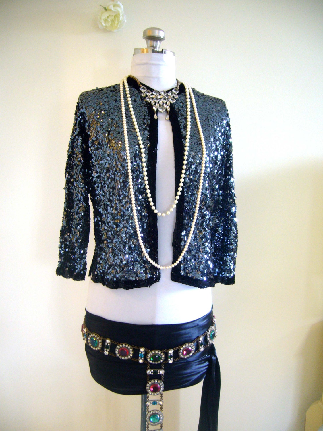 EXQUISITE Glamour 1930s FRENCH Evening Sequin Encrusted Net Top Jacket Blouse - 30s Bombshell Pinup Designer Vixen