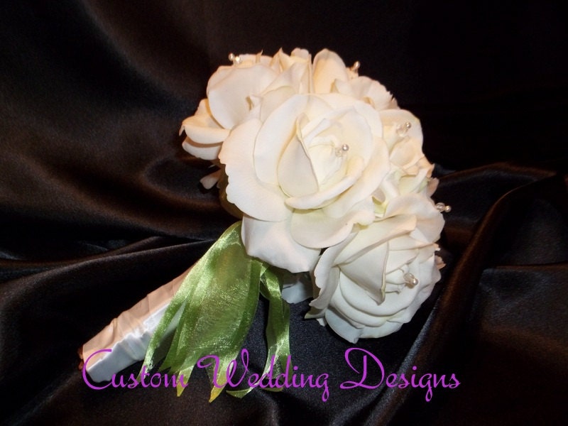 Real Touch Round Bouquet. White/Ivory Roses with pearl and crystal accents.