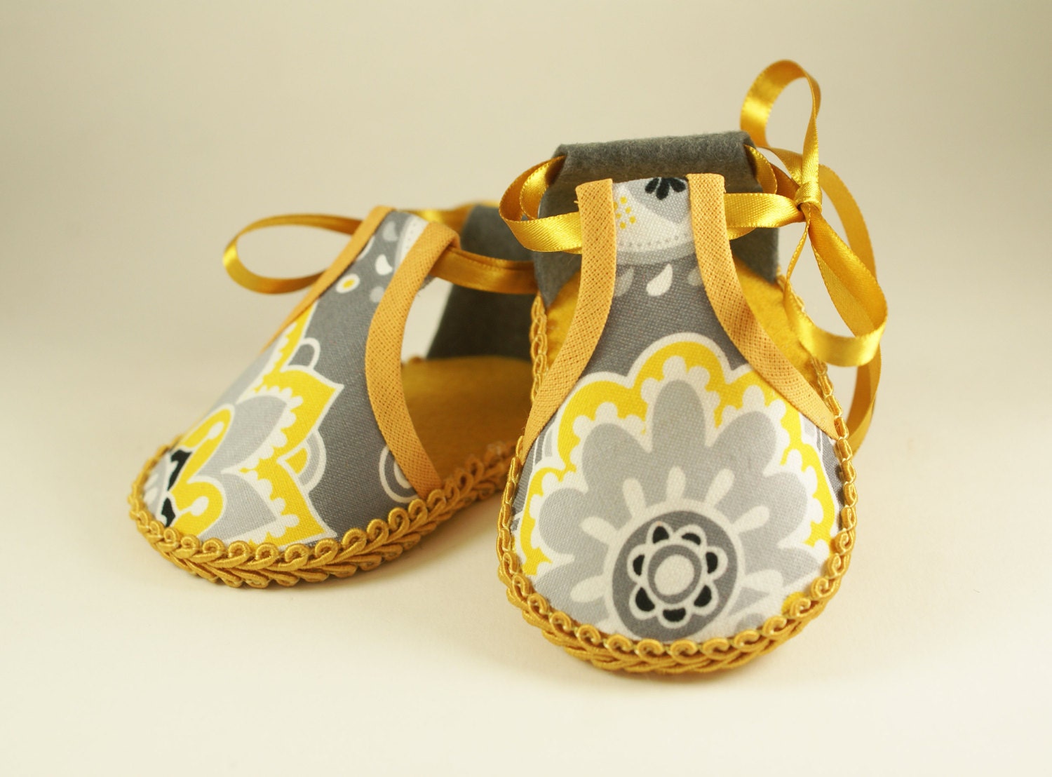 Miss-Match Fun yellow and grey Amy Butler fabric Baby girl shoe