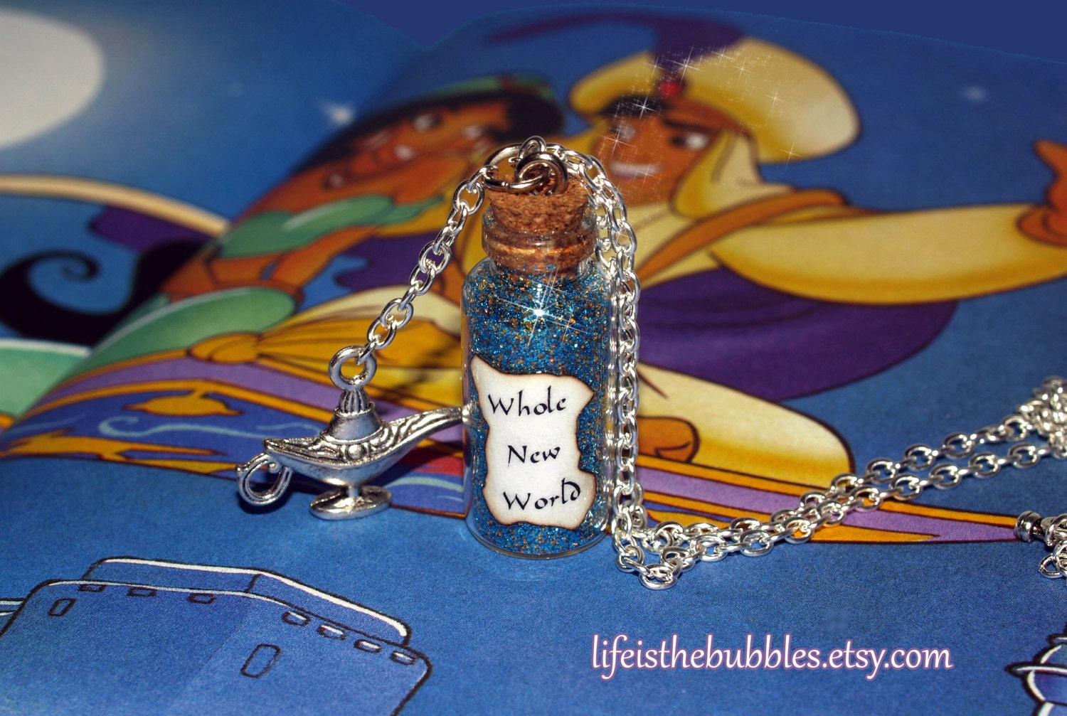 Aladdin and Jasmine Whole New World Magical Necklace with a Genie Lamp Charm Disney Inspired by Life is the Bubbles