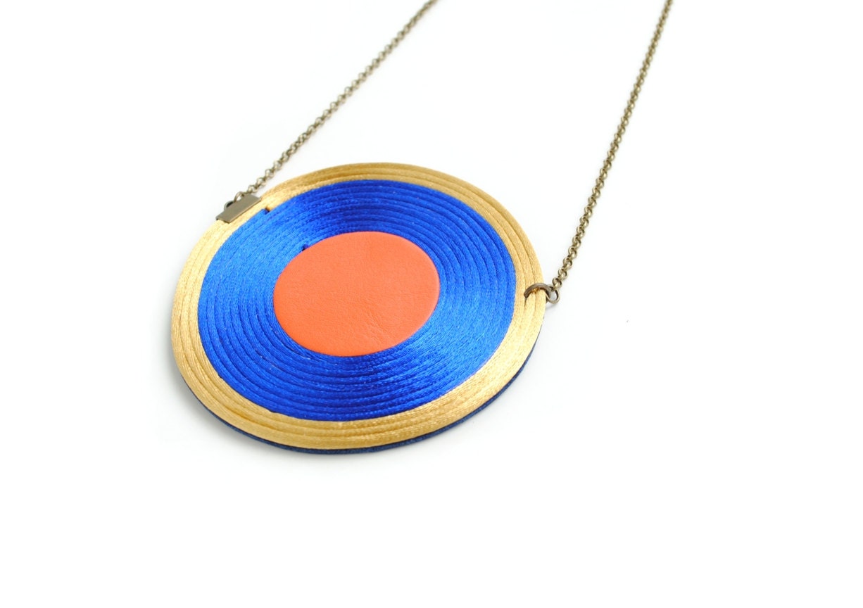 OOAK Orange blue gold spiral necklace, atrsy colorful multicolor satin cord rat tail geometric minimalist Rothko summer trends gift