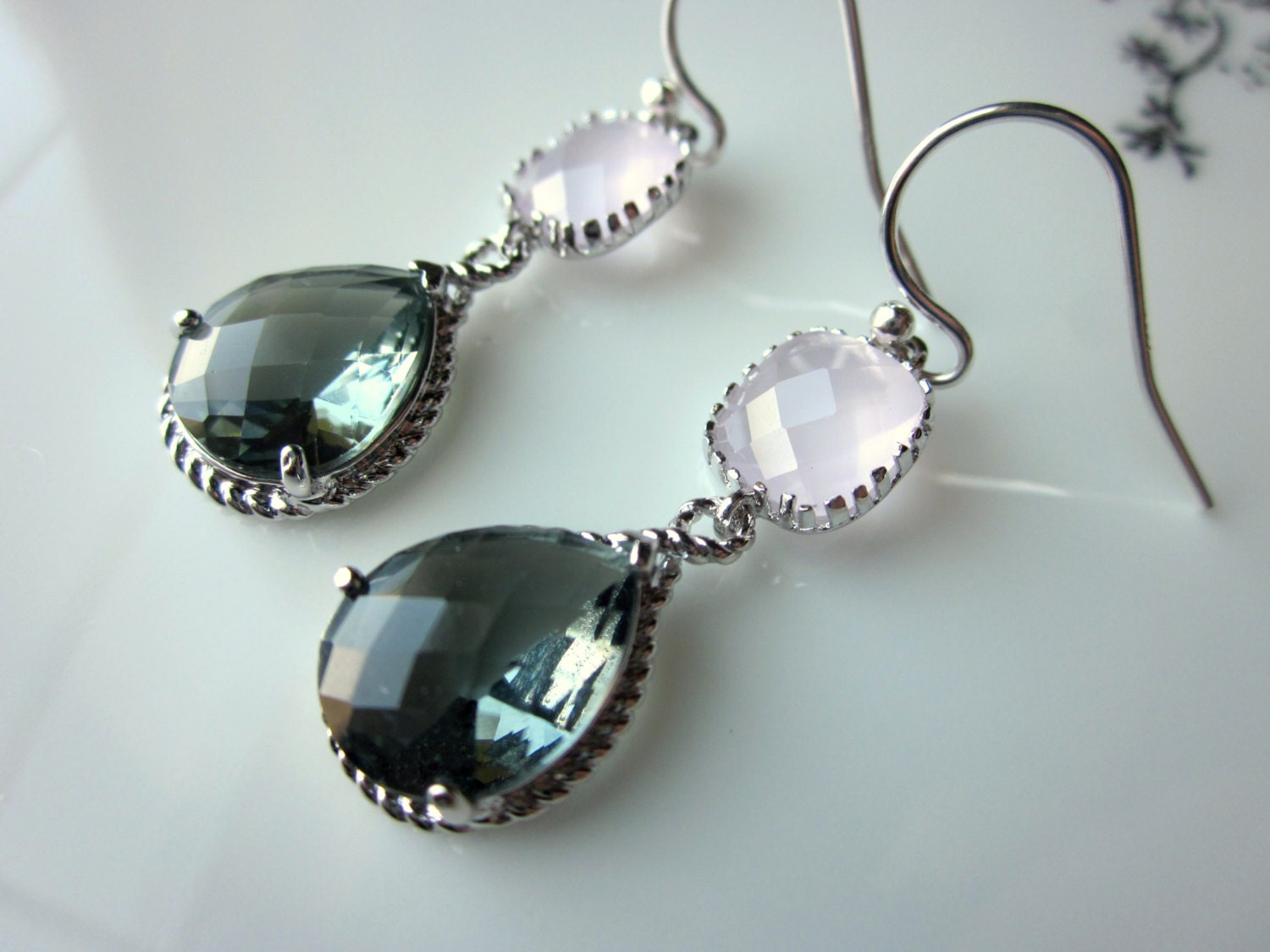 Charcoal Gray Earrings Pink Opal Silver Teardrop Glass Two Tier - Bridesmaid Earrings Wedding Earrings Wedding Jewelry