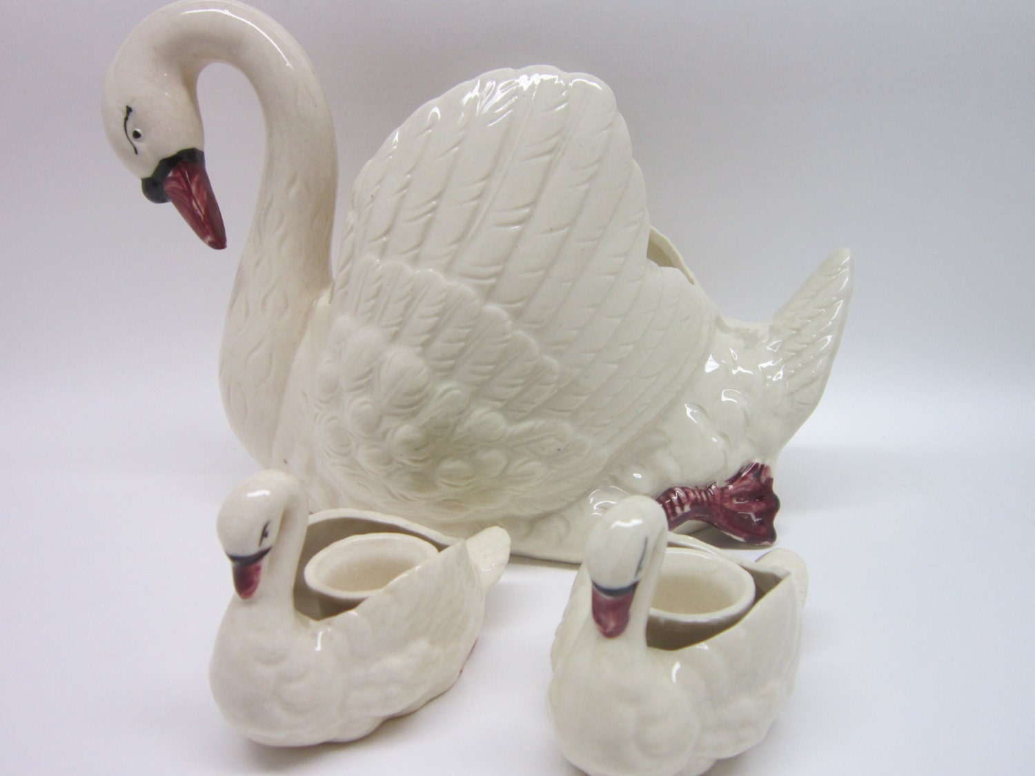 Vintage Swan Planter and candle holder Set White made in Japan Wedding Elegant Mother Swan and Babies