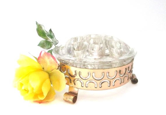 Mid Century Flower Frog Glass Floral Frog Gold Filigree Floral Arranging Shabby Chic