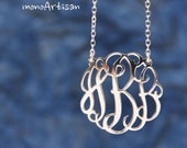 Monogram Necklace-1 1/2 initial necklace-silver necklace Hand sketch& Hand Craft