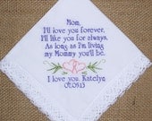 Gift for Mother of the Bride Custom Embroidered Wedding Handkerchief